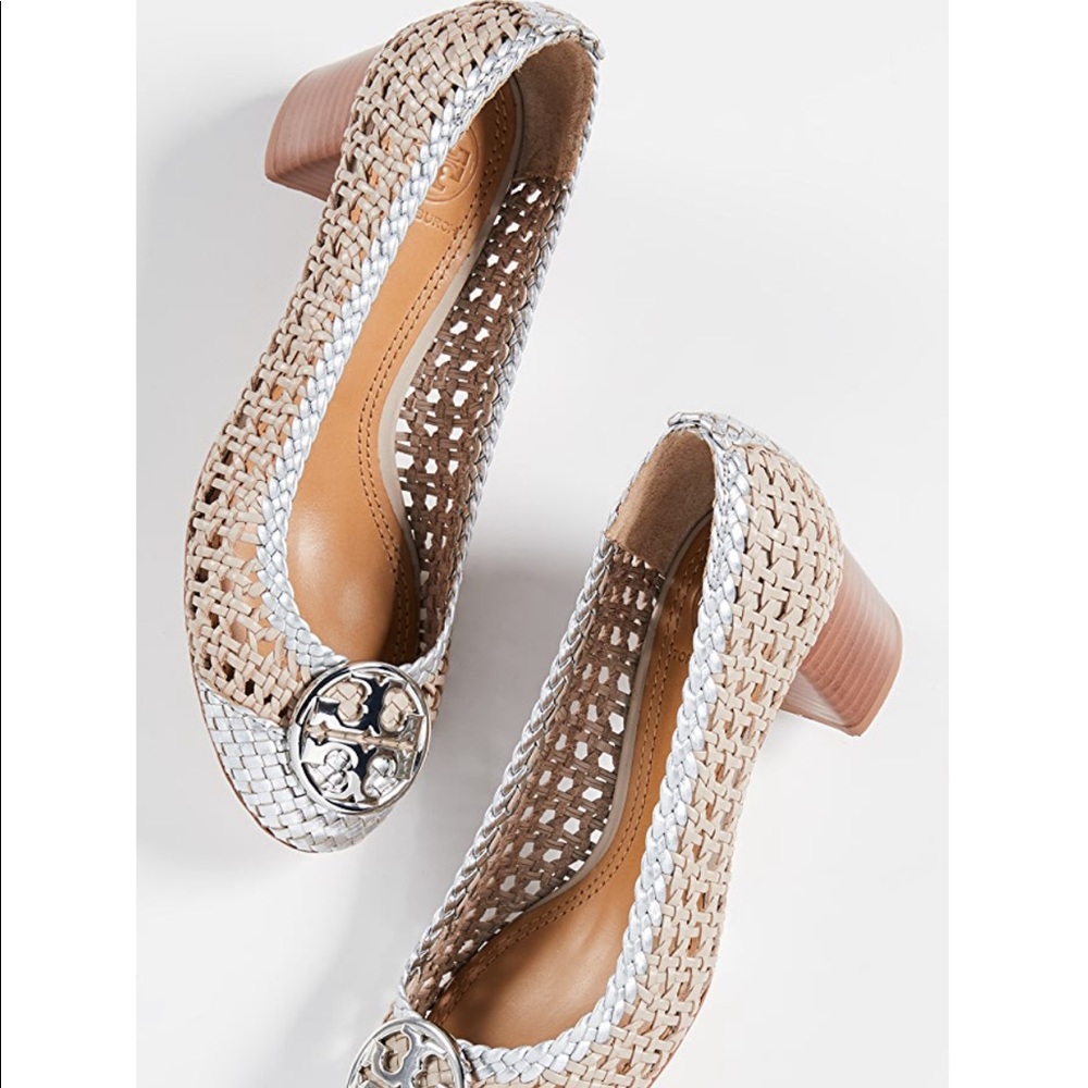 Tory Burch Chelsea Cap Toe Woven Tan and Silver chunky Heels 7.5 with dust bag